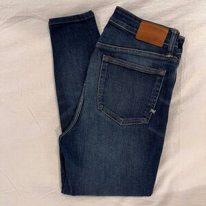 AE77 Premium Denim, Super High Rise Skinny Jean, Size 10, dark blue wash.
